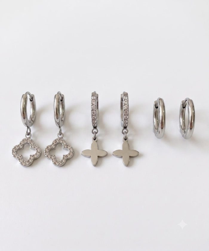 Stainless Steel 6-Piece CZ Clover Silver Earrings