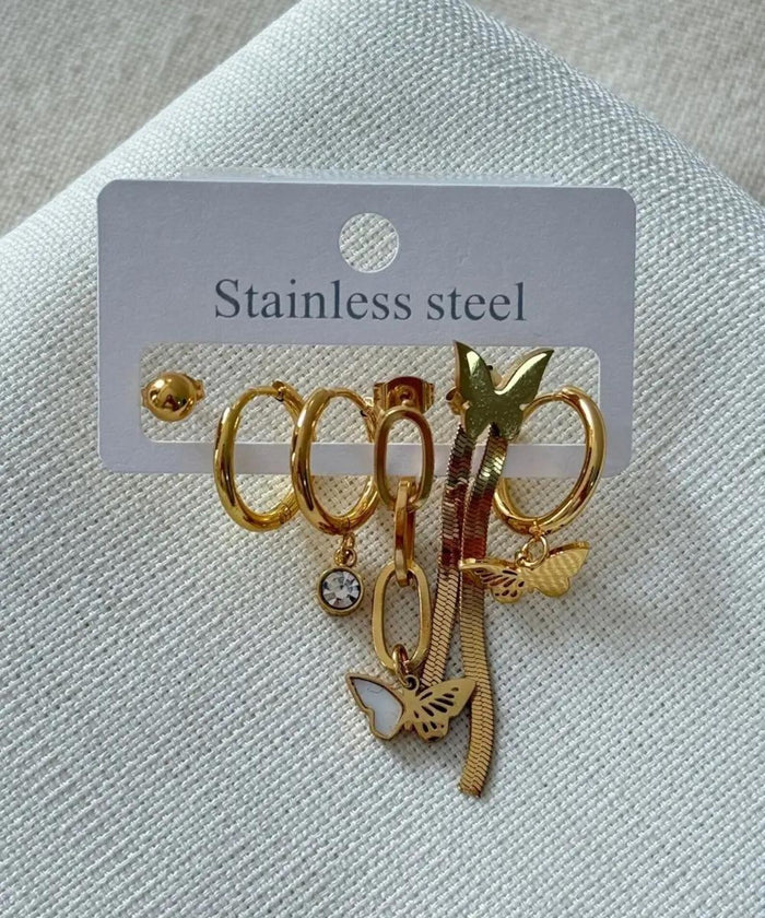 Stainless Steel Set of 6 Italian Butterfly Gold Earrings