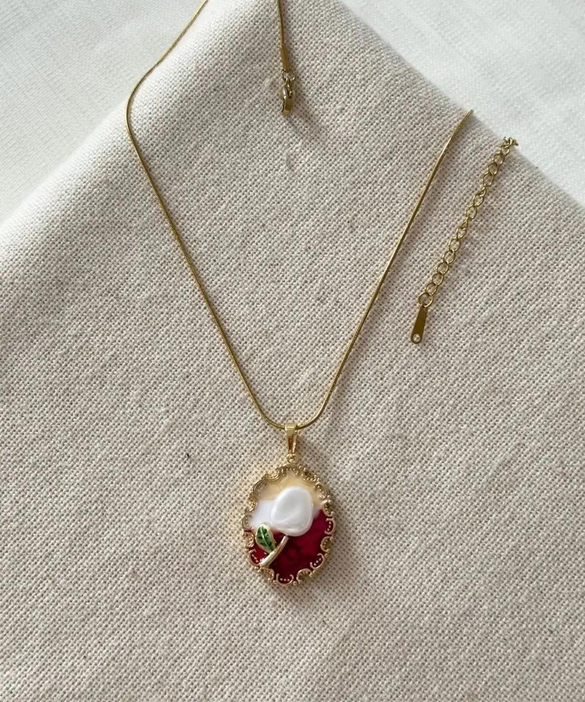 Artistic Red Tulip Stainless Steel Necklace with Mother of Pearl