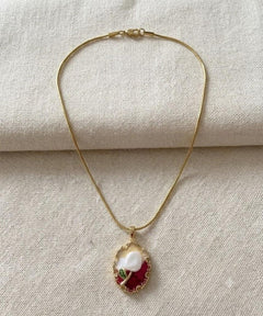 Artistic Red Tulip Stainless Steel Necklace with Mother of Pearl