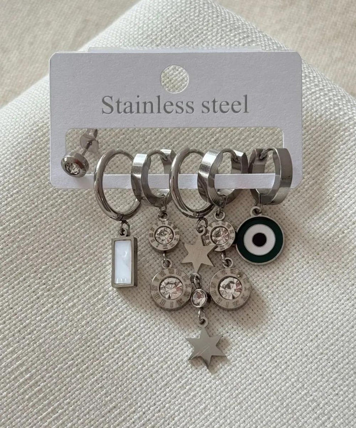 Stainless Steel 6-Piece Roman Numeral CZ Silver Earrings