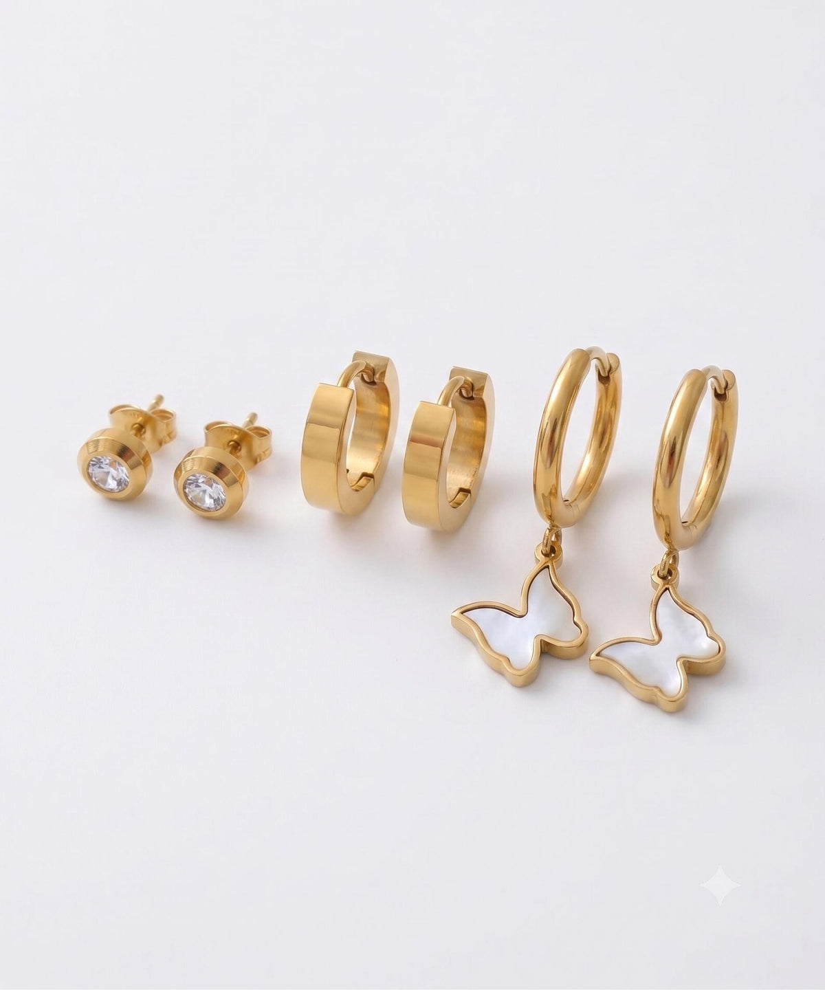 Stainless Steel 6-Piece Mother of Pearl Butterfly Gold Earrings