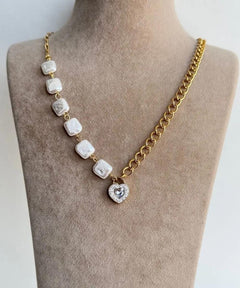 Stainless Steel Square Pearl Heart Necklace
