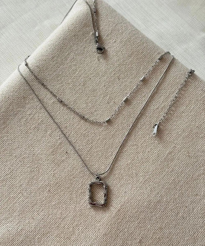 Stainless Steel 2-Piece Rectangle Symbol Silver Necklace