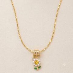 Gold Stainless Steel Daisy Necklace with Yellow Stone and Pearl