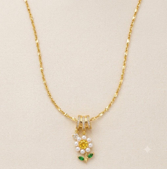 Gold Stainless Steel Daisy Necklace with Yellow Stone and Pearl