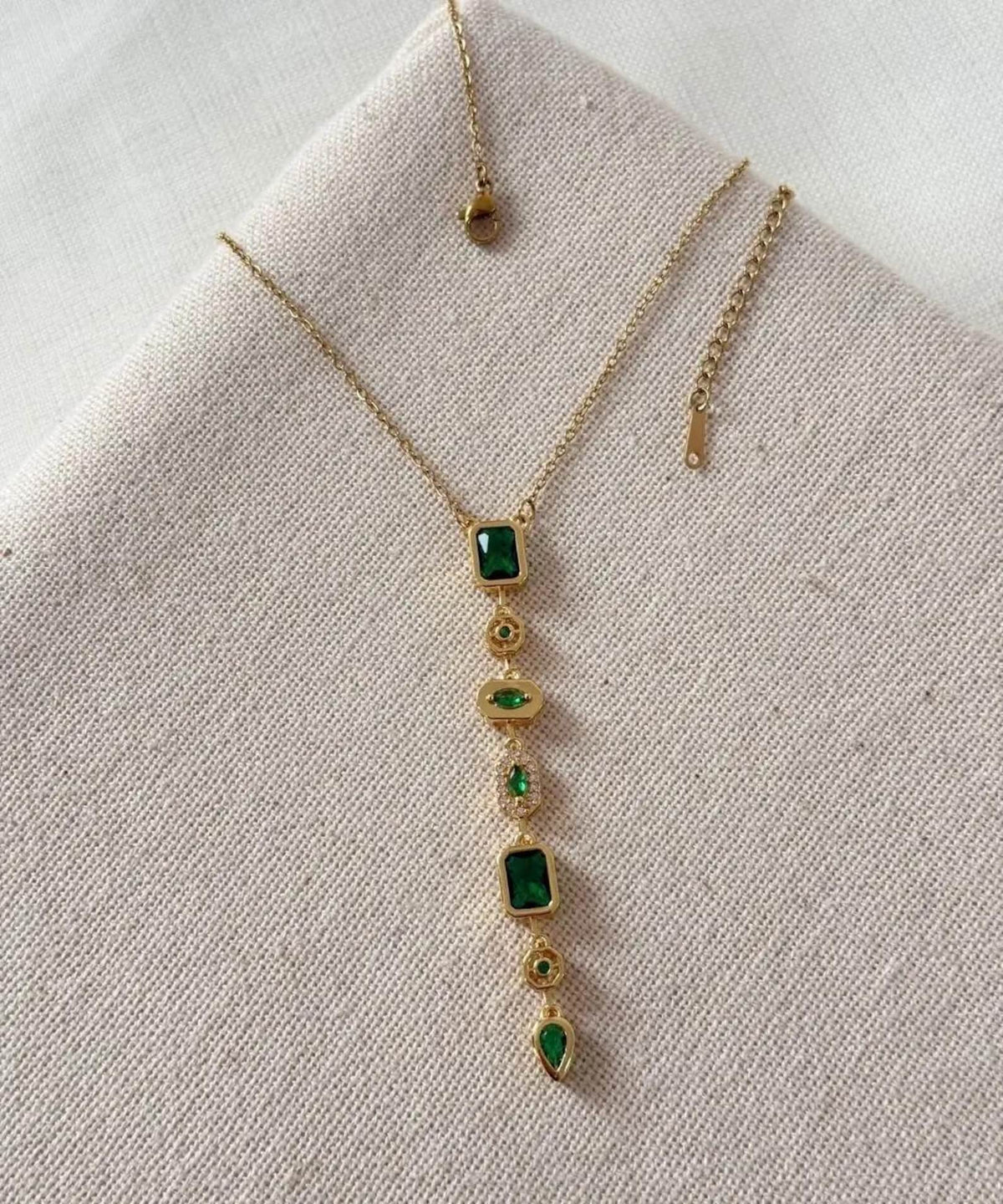 Stainless Steel Y Necklace with Green Stone Symbol Pendant