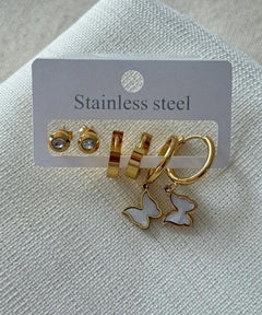 Stainless Steel 6-Piece Mother of Pearl Butterfly Gold Earrings