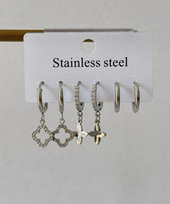 Stainless Steel 6-Piece CZ Clover Silver Earrings