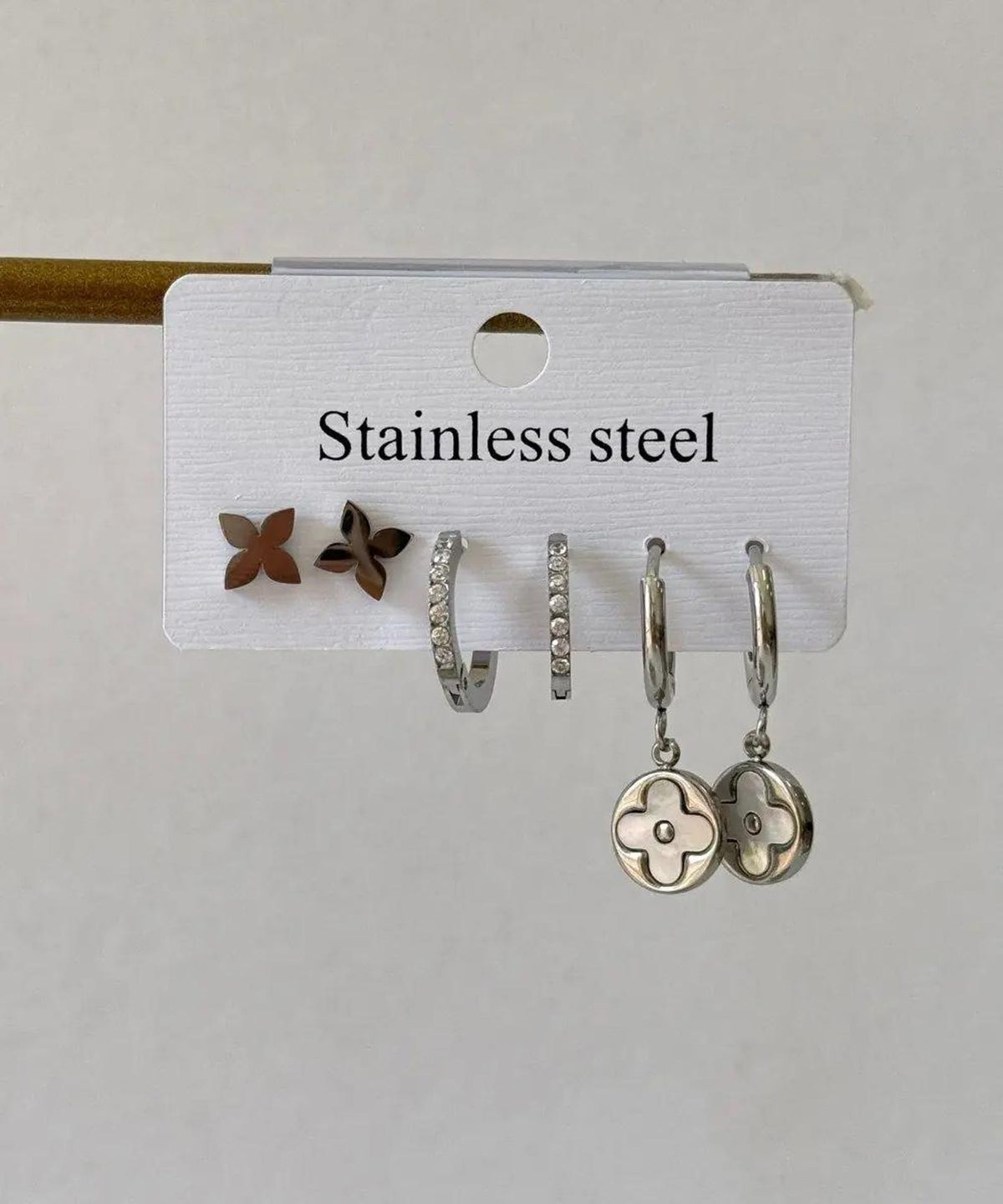 Stainless Steel Set of 6 Mother of Pearl Clover Silver Earrings