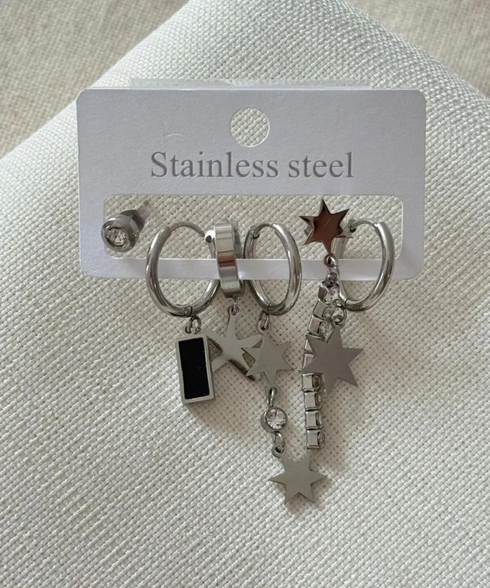 Stainless Steel Set of 6 Crystal Star Silver Earrings